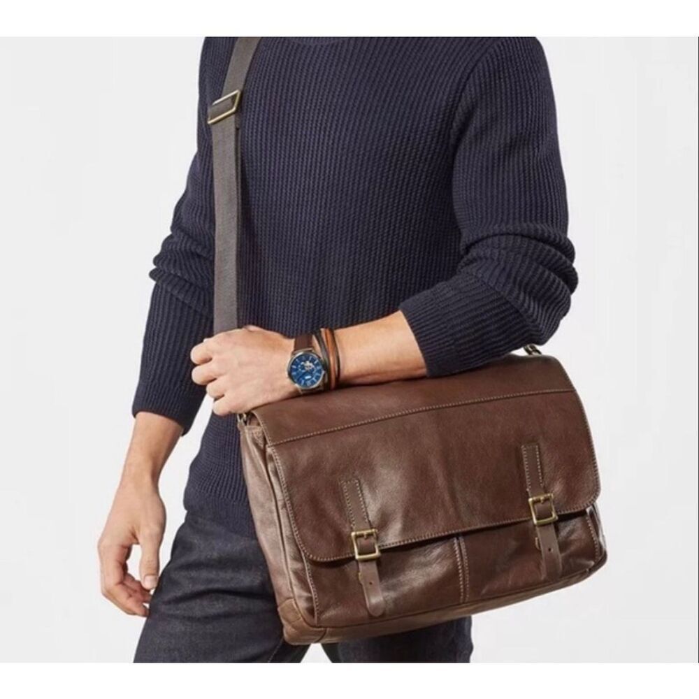 Fossil Defender Slim Messenger Bag Brown Cognac Leather Commuter Crossbody